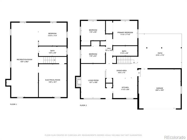 Two-level home floor plan with labeled rooms, patio, and attached garage.
