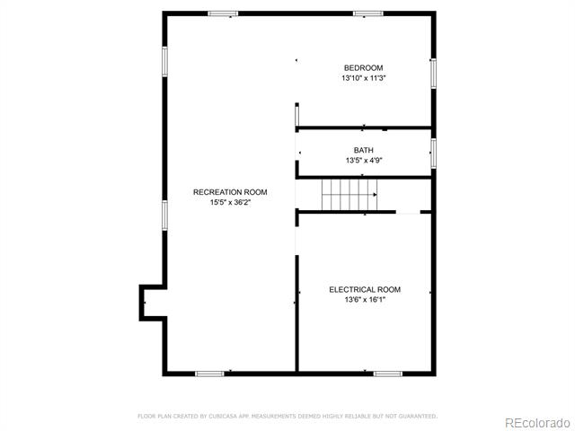 Floor plan showing a bedroom, bath, recreation room, electrical room, and stairs.