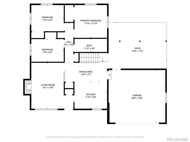 Floor plan showing three bedrooms, living and dining areas, kitchen, patio, and attached garage.