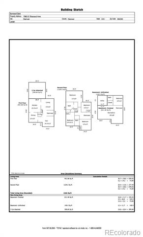 Floor plan and area calculations for 7883 E Bayaud Avenue.