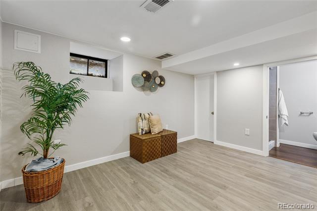 Finished basement room with light wood-look flooring, a potted palm, and an open doorway to a bathroom.