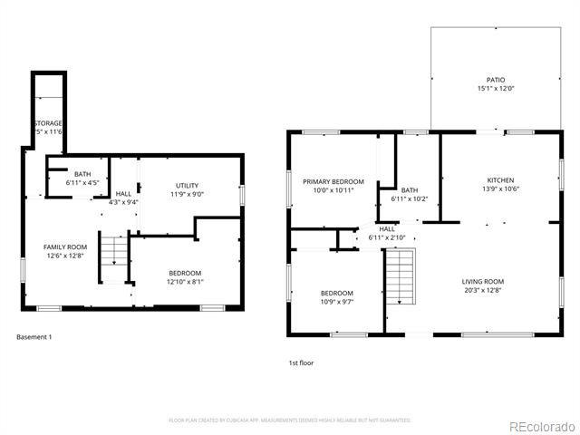 Floor plan showing the basement and first-floor layouts, with room labels and dimensions.