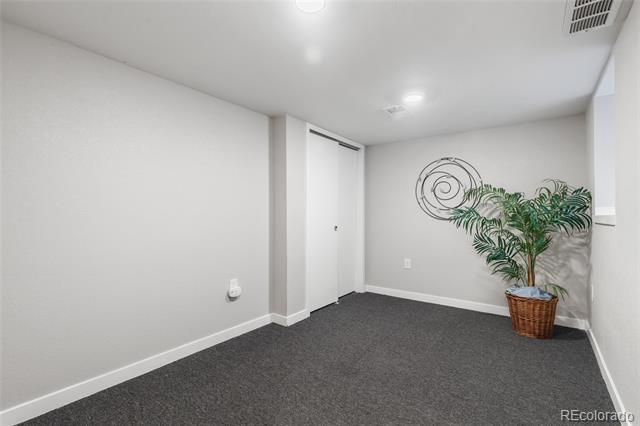 Empty carpeted room with a potted palm and circular metal wall decor.