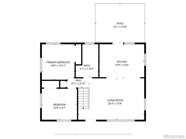 Floor plan showing two bedrooms, a living room, kitchen, bathroom, hall, and patio.