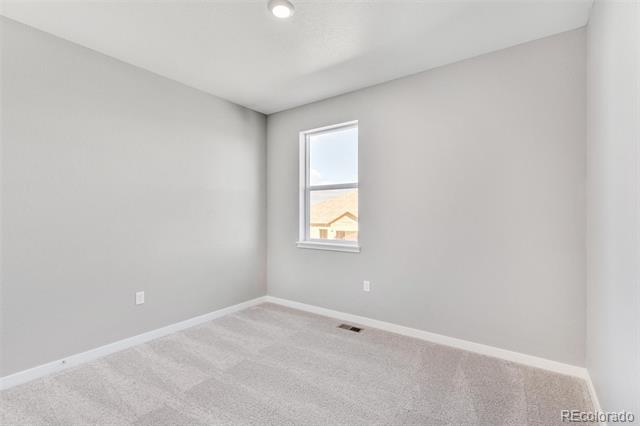 Vacant carpeted room with gray walls and a single window.