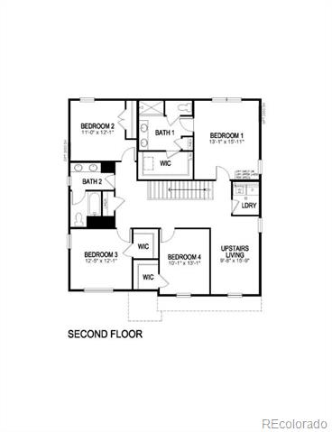 Second-floor plan with four bedrooms, two bathrooms, walk-in closets, laundry, and an upstairs living area.
