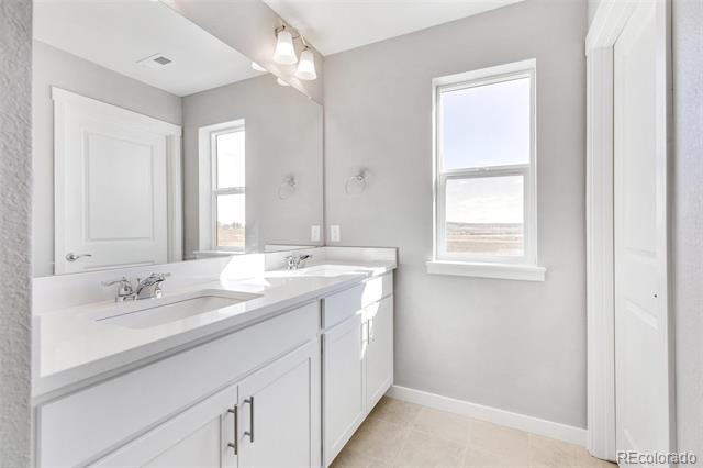 Bright bathroom with a white double vanity and two windows overlooking an open landscape.
