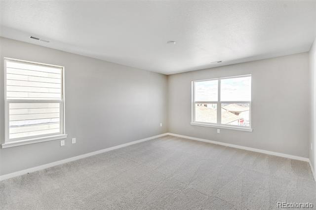 Vacant carpeted room with gray walls and two windows.