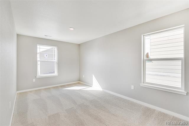 Empty bedroom with beige carpet, gray walls, and two windows.