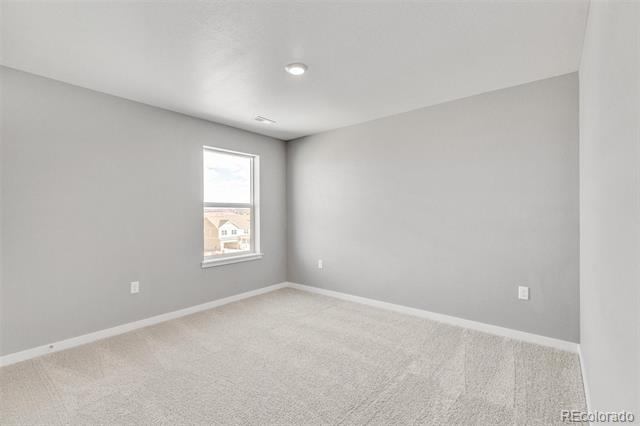 Vacant bedroom with beige carpet, gray walls, and a single window.
