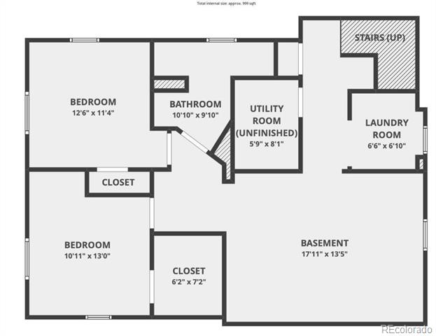 Basement floor plan with two bedrooms, bathroom, laundry room, unfinished utility room, and closets.