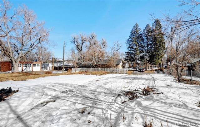 Snow-covered residential lot with bare trees, evergreens, and neighboring homes beyond a fence.
