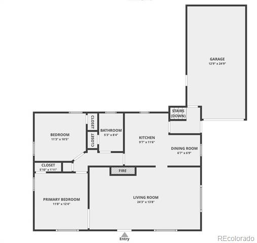 Floor plan of a two-bedroom home with a garage, fireplace, and stairs leading down.