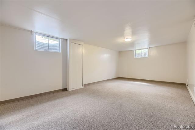 Empty carpeted room with two high windows and a narrow closet door.