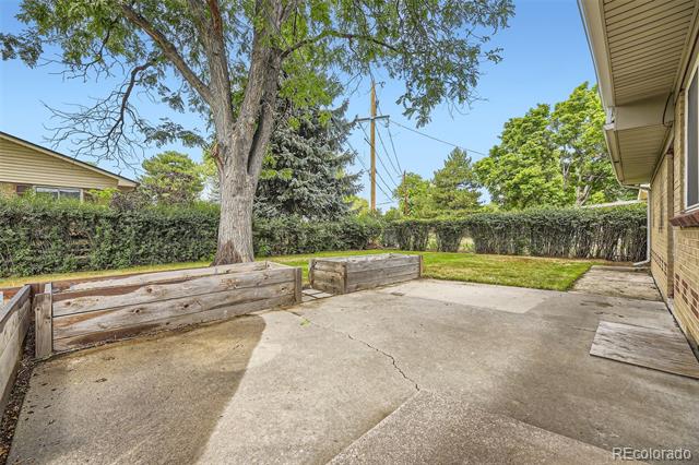 Backyard patio with raised wooden planter beds, concrete paving, and a small lawn.
