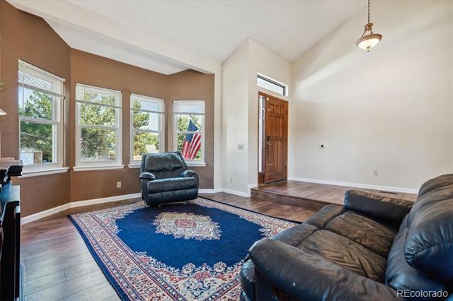 Living room with brown accent walls, a blue patterned rug, and dark leather seating.