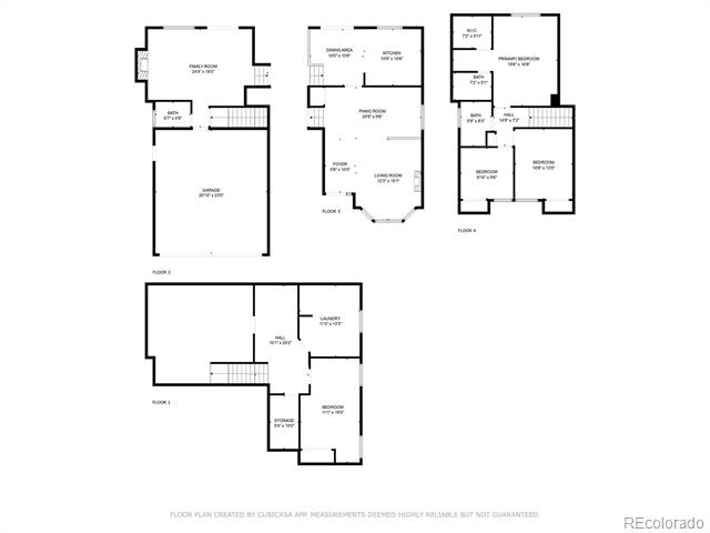 Three-level floor plan with labeled rooms and garage.