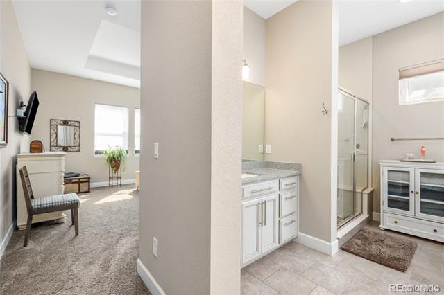 Bathroom with glass-enclosed shower and white vanity beside a carpeted sitting area.