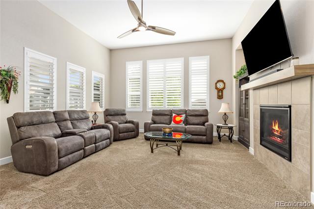 Living room with gray leather sofas, shuttered windows, and a tiled fireplace beneath a wall-mounted television.