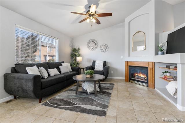 Living room with a dark sectional, patterned rug, and lit fireplace.