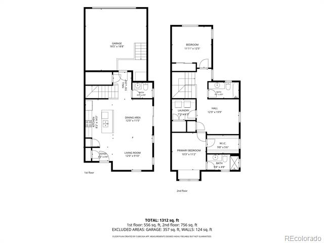 Two-story home floor plan with garage, open living and dining area, two bedrooms, laundry and bathrooms.