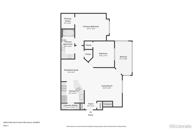 Floor plan showing two bedrooms, living room, kitchen, breakfast nook, laundry room, and balcony.