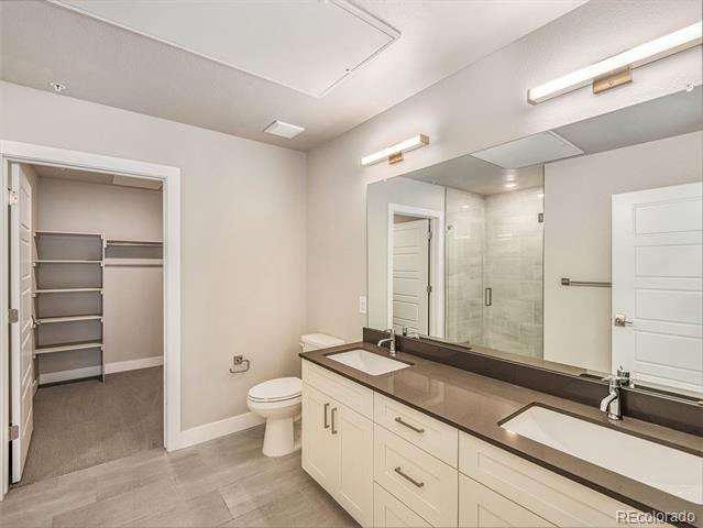 Bathroom with double-sink vanity, large mirror, glass shower, and open walk-in closet.