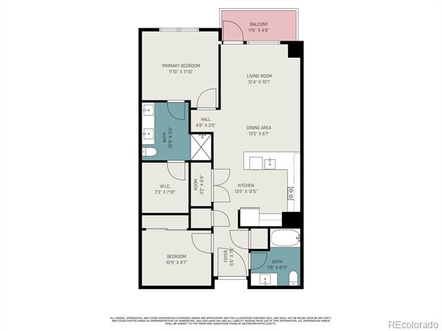 Floor plan of 20 Wilcox Street Unit 405, showing two bedrooms, two bathrooms, and a balcony.