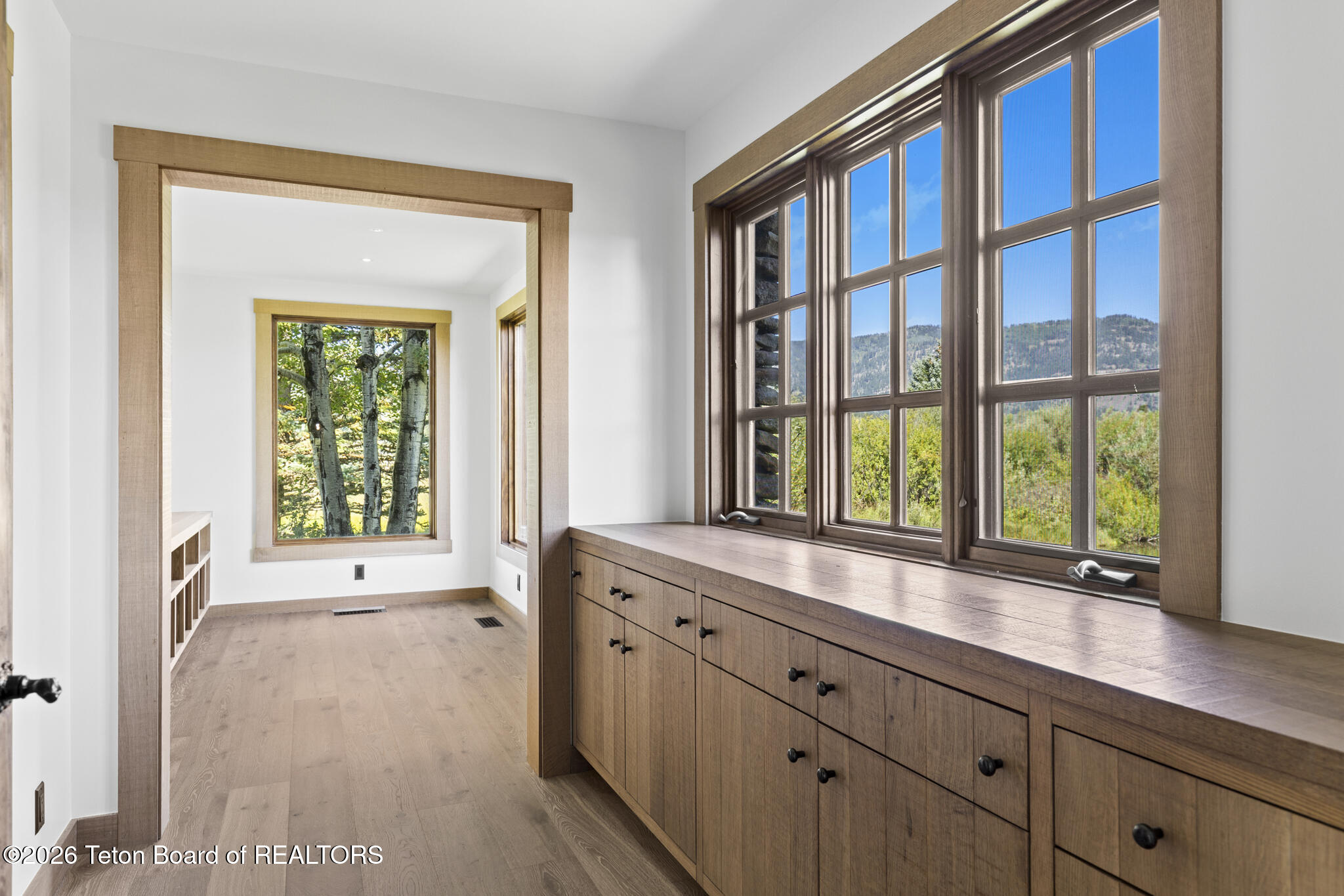 Bright interior with built-in wood cabinetry and large windows overlooking trees and mountains.