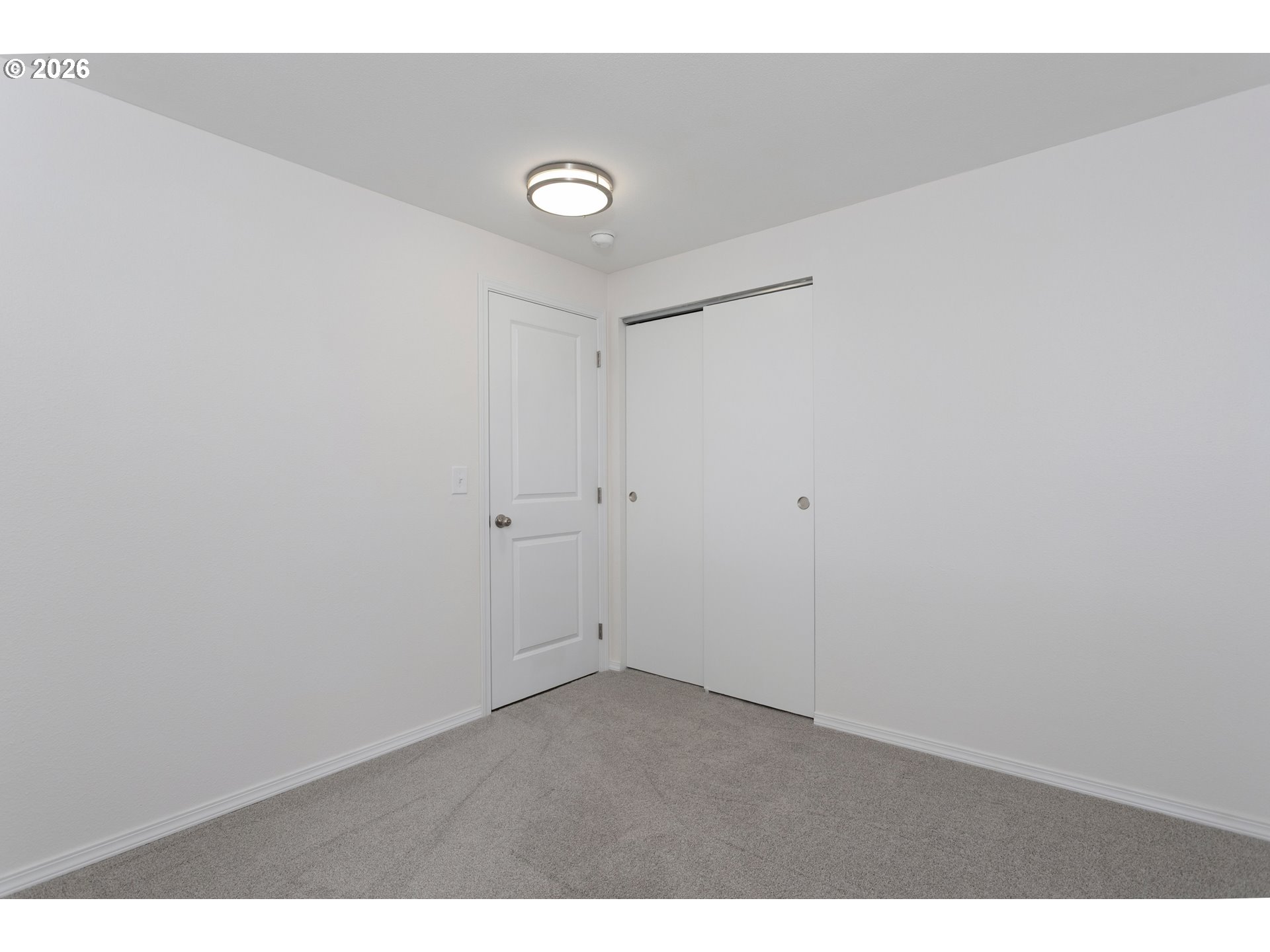 Empty carpeted bedroom with a sliding-door closet and white paneled door.