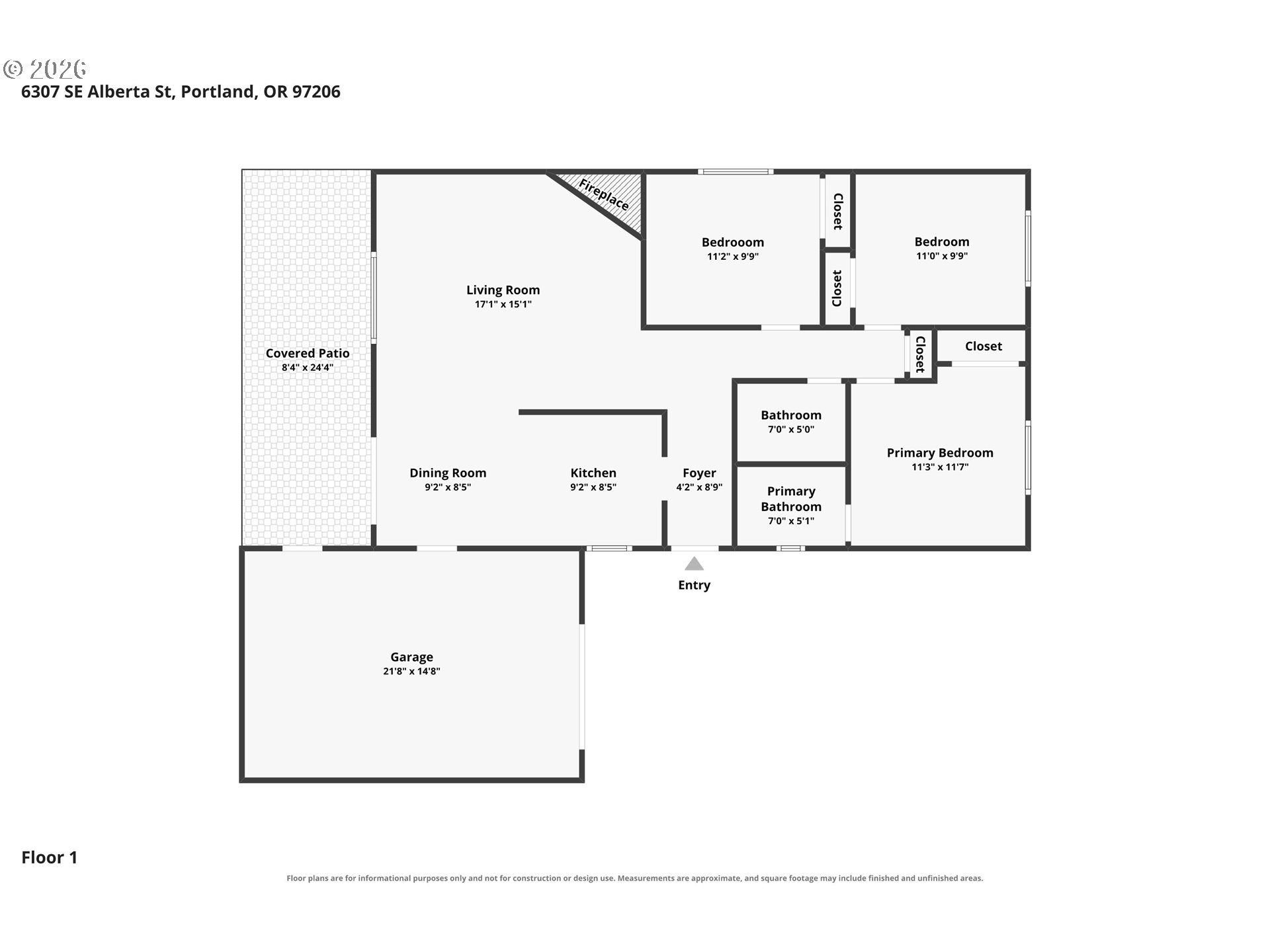Floor plan showing three bedrooms, two bathrooms, a covered patio, and a garage.