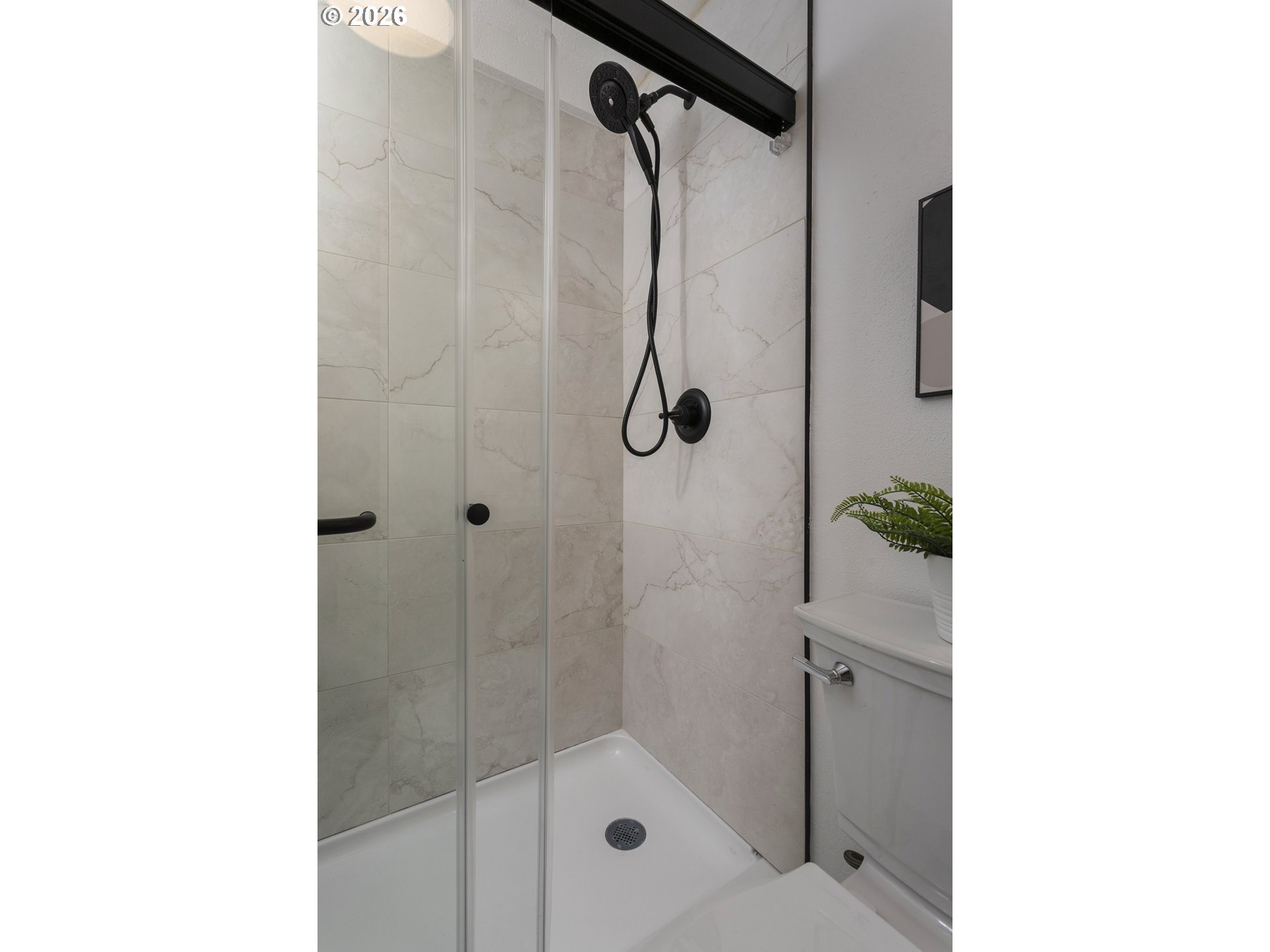 Tiled bathroom shower with a glass enclosure and matte black fixtures beside a toilet and potted fern.