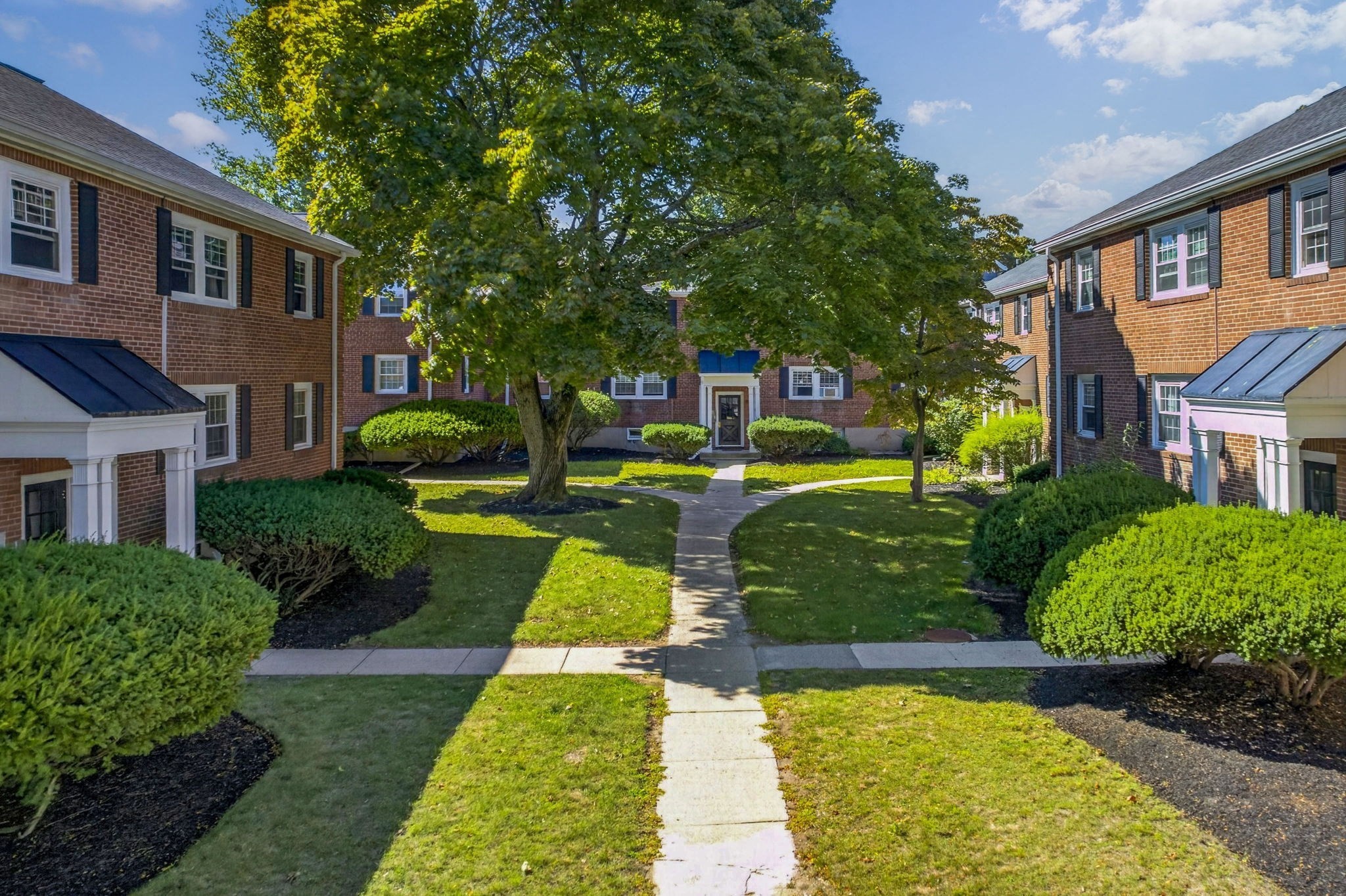Brick apartment buildings frame a landscaped courtyard with a large shade tree and central walkway.