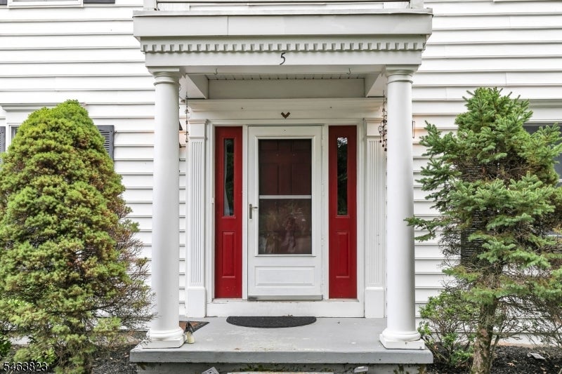 White house entrance with a columned porch, red sidelights, and evergreen shrubs.