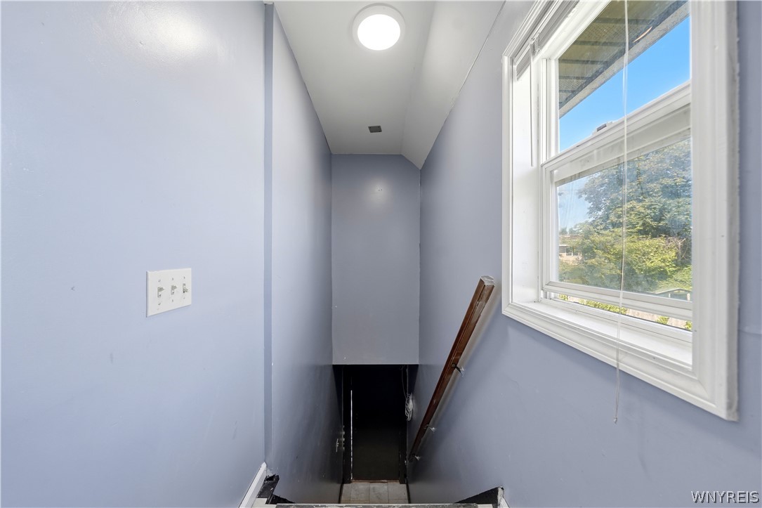 Narrow staircase with a wooden handrail and large window overlooking leafy trees.
