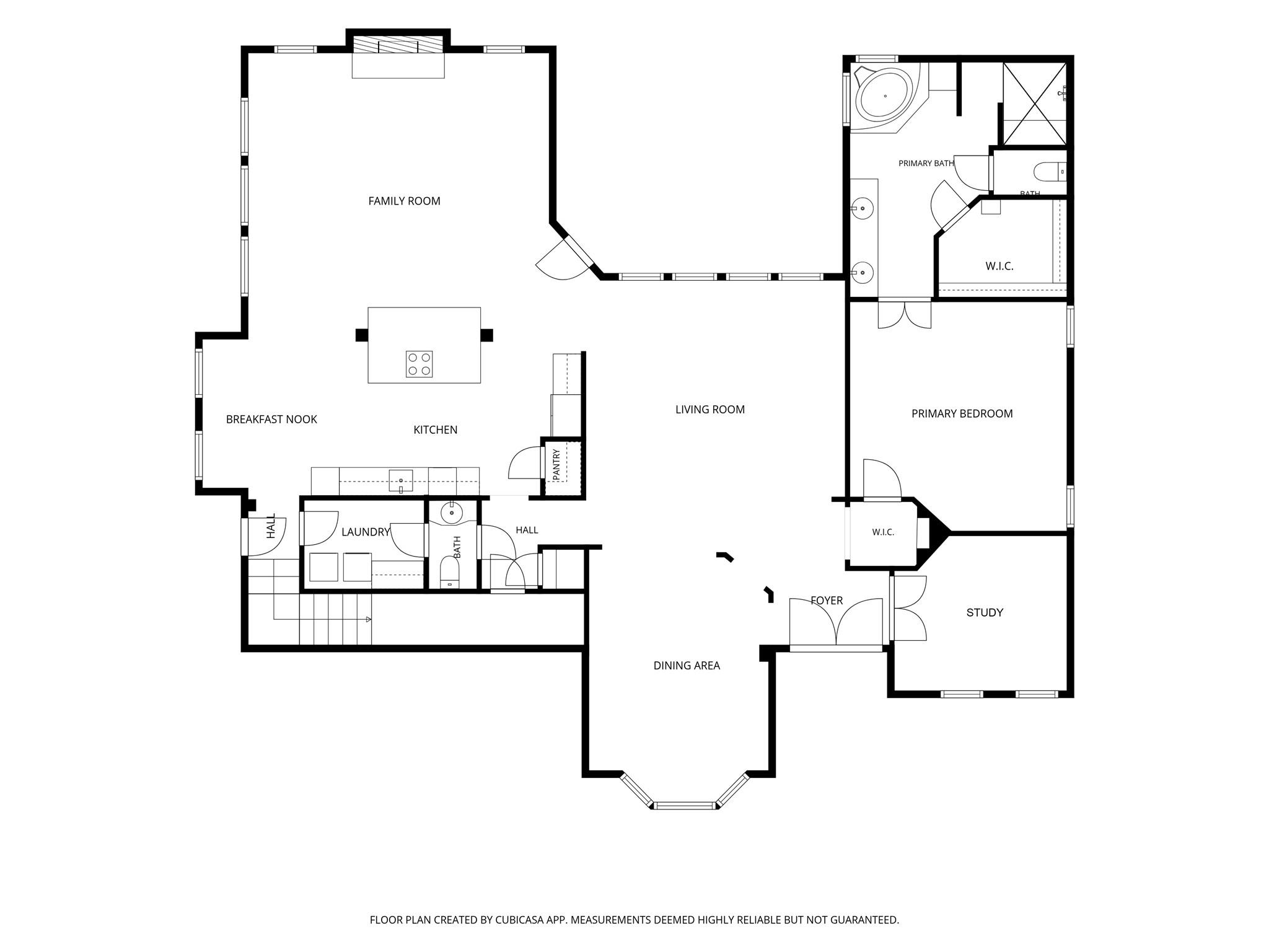 Home floor plan with labeled living spaces, kitchen, primary suite, study, and laundry.