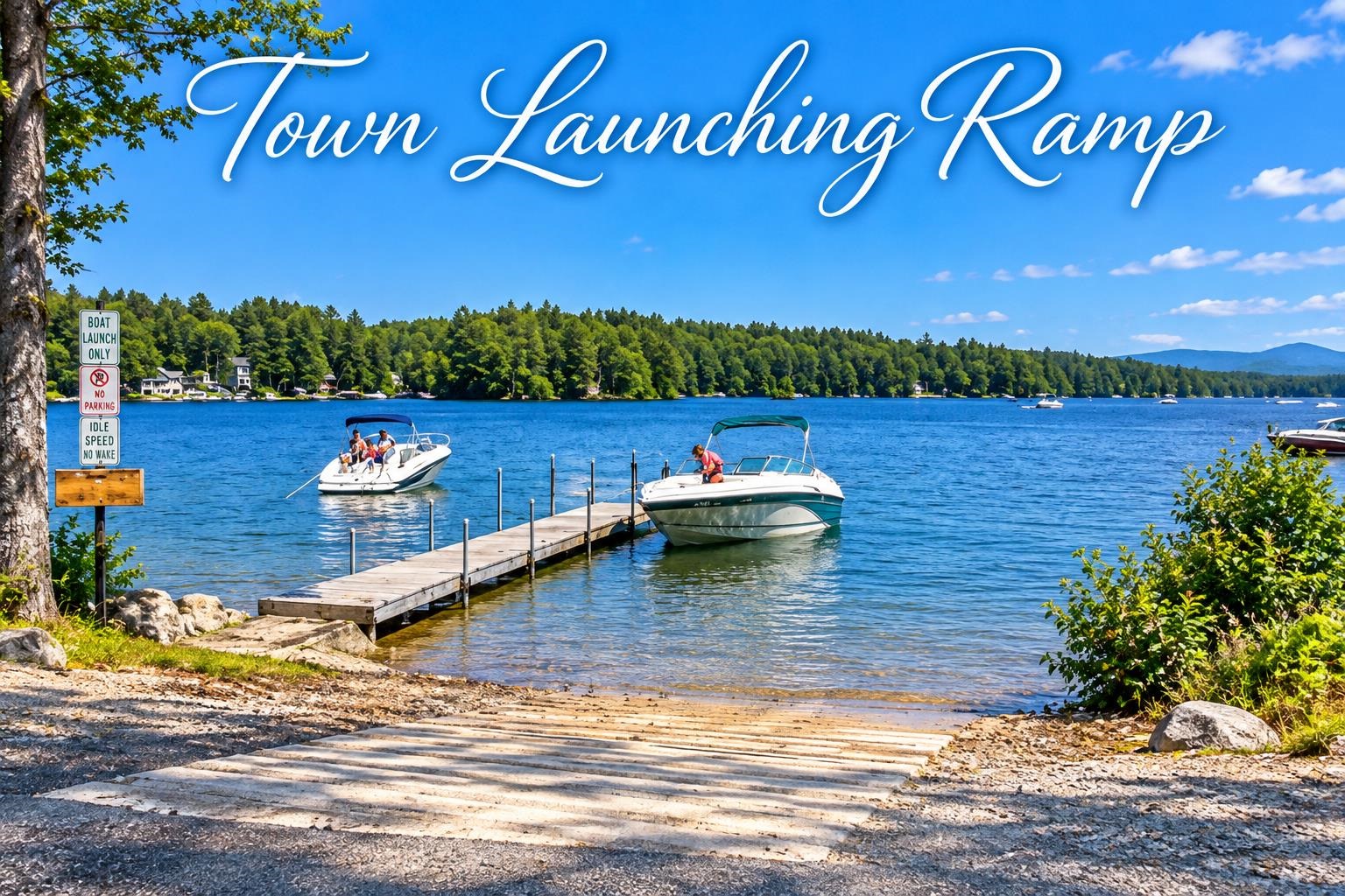 Lakeside town boat-launch ramp with a wooden dock, boats, and wooded shore.