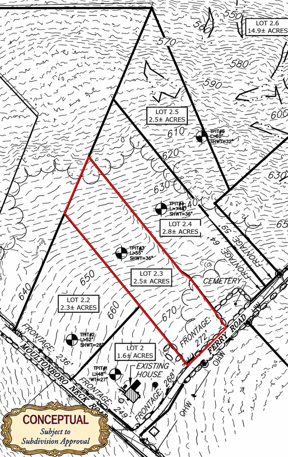 Conceptual subdivision map with Lot 2.3 outlined in red along Ferry Road.