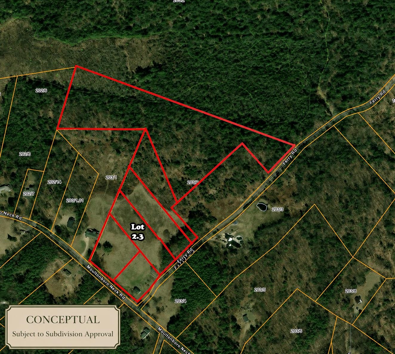 Aerial parcel map showing proposed Lot 2.3 outlined in red along Moultonboro Neck Road and Ferry Road.
