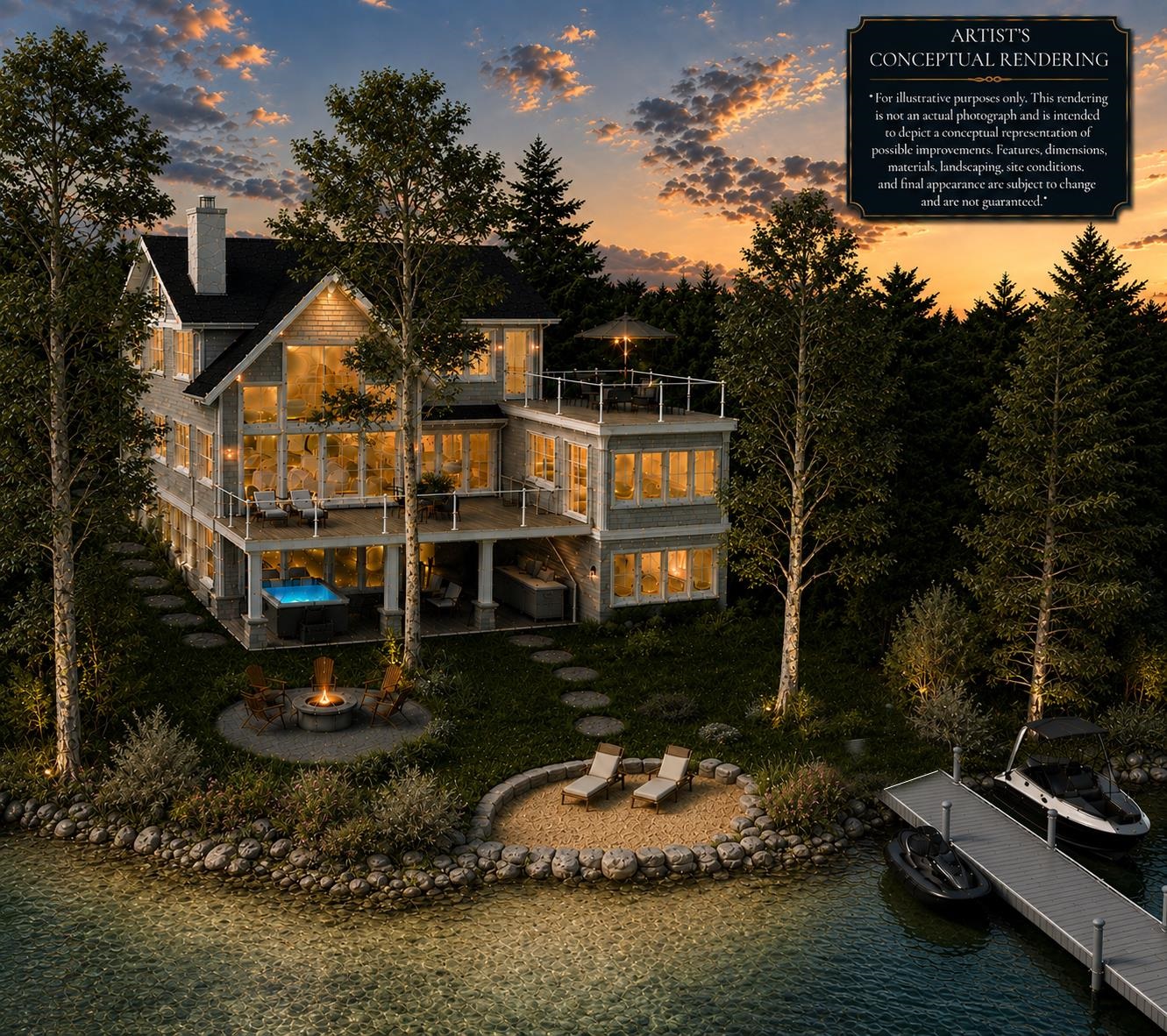 Conceptual waterfront home at dusk with expansive decks, a dock, boats, and landscaped shoreline.