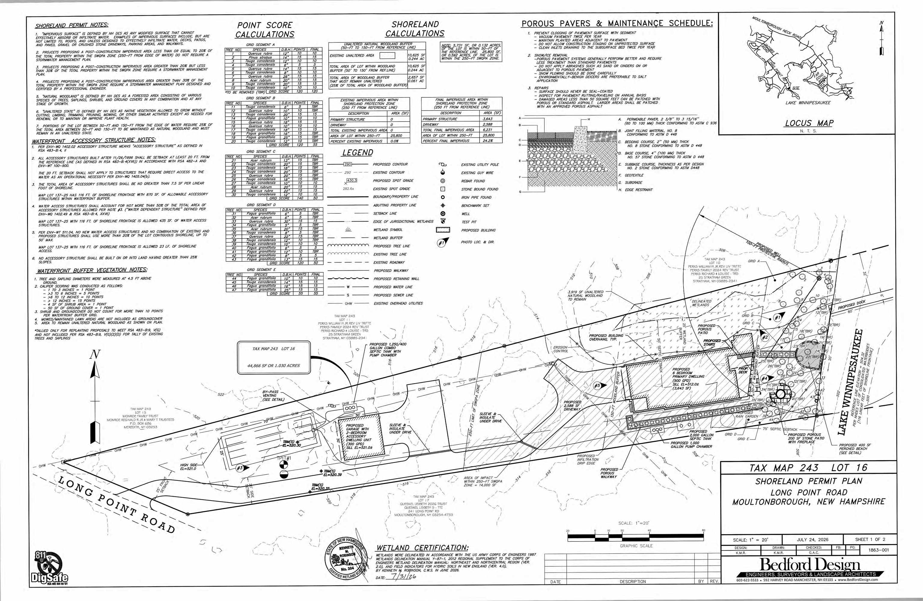 Shoreland permit plan showing the proposed house, driveway, septic system, and wetlands on Lot 16, Long Point Road.