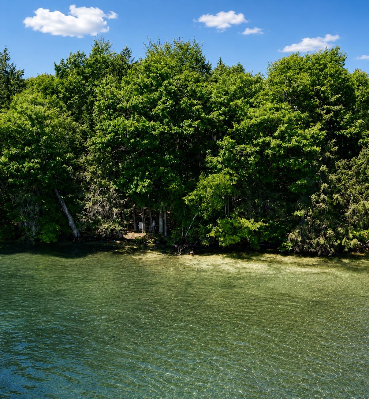 Shallow lake water in front of a densely wooded shoreline, with a small landing beneath the trees.