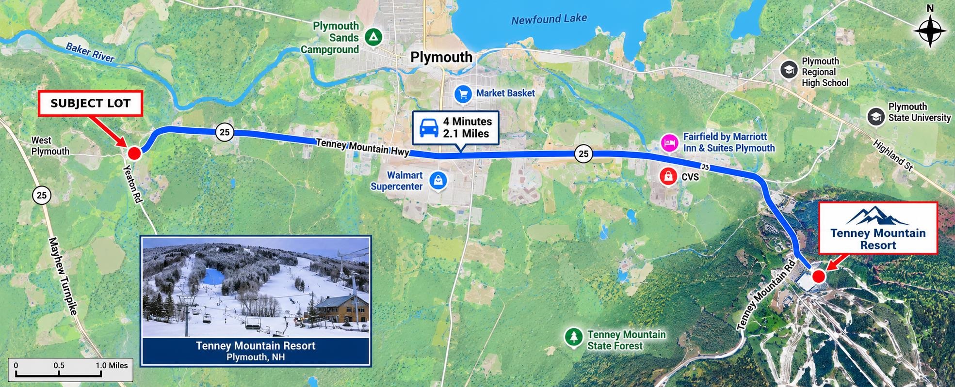 Map marking the subject lot on Yeaton Road near Plymouth, with a route to Tenney Mountain Resort.