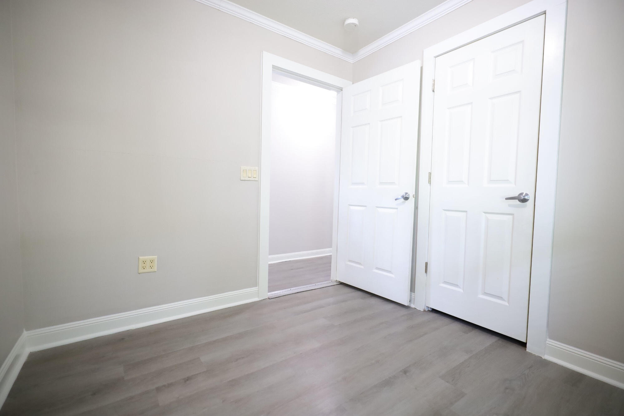 Empty room with gray plank flooring and two white doors, one open to a connecting space.