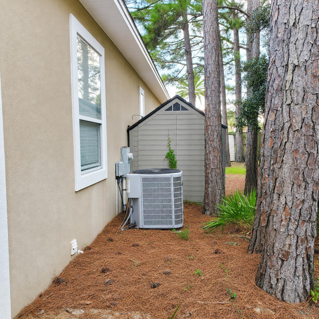 Home side yard with an outdoor air-conditioning unit, small shed, and tall pine trees.