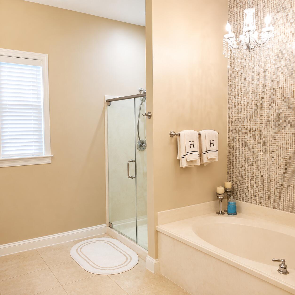 Bathroom with glass shower, built-in soaking tub, mosaic tile wall, and crystal chandelier.
