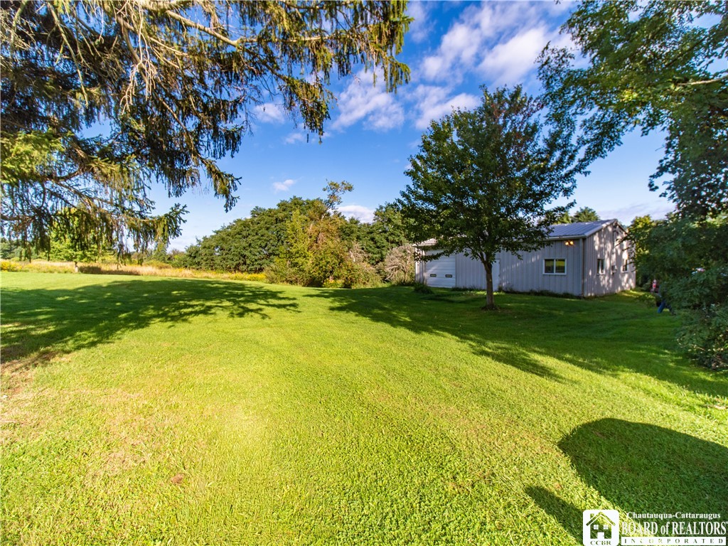 A spacious green lawn with a small metal-sided outbuilding, framed by mature trees.