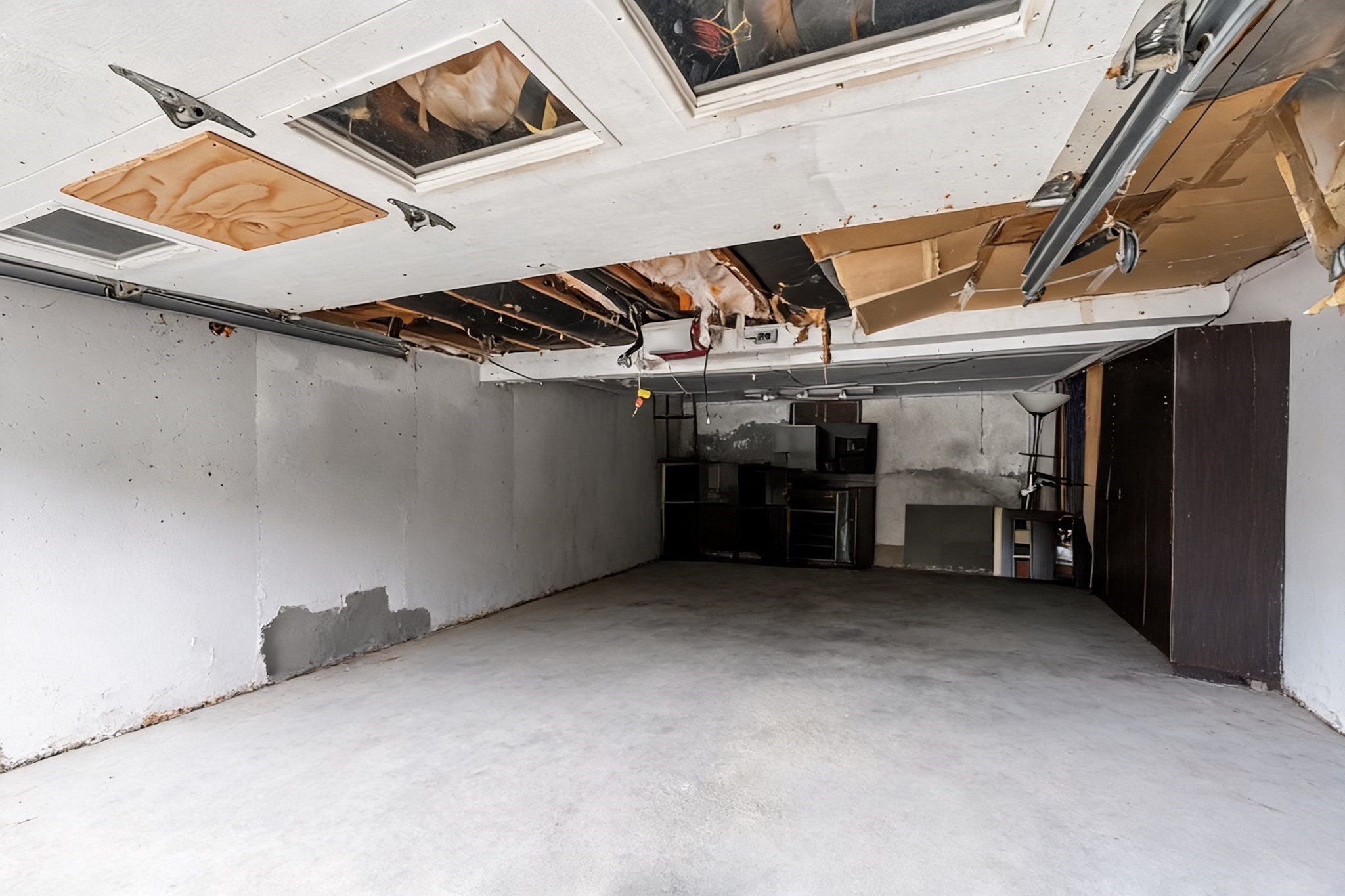 Vacant garage with a severely damaged, partially open ceiling and exposed framing.