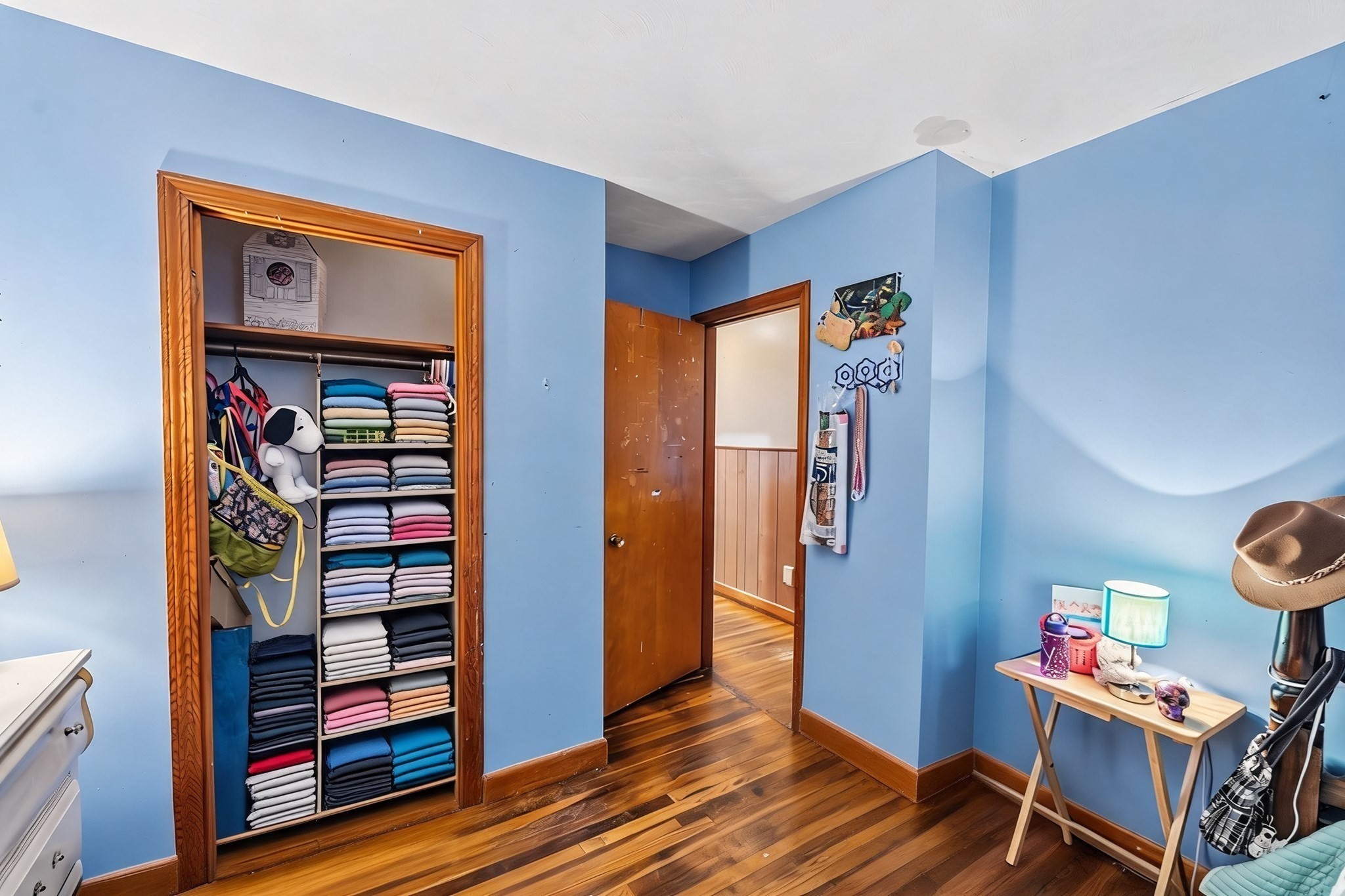 Blue bedroom with an open, neatly organized closet and hardwood floors.