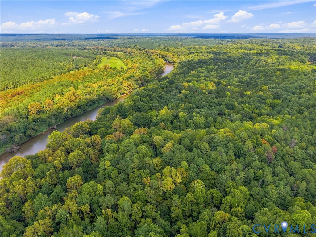 A winding river cuts through expansive forest, with a clearing and distant fields.
